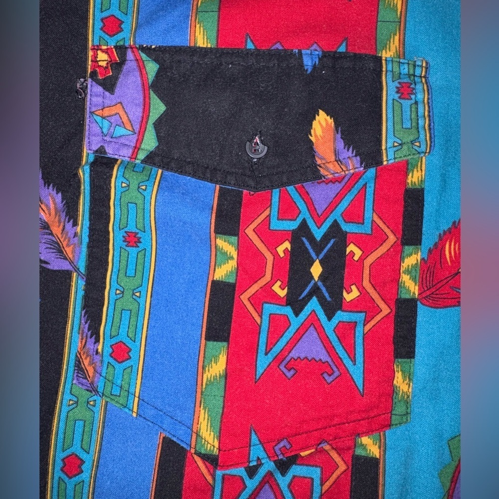 Vintage 80s/90s Wrangler Western Button-Up Shirt XL Bold Aztec Feather Print - Picture 5 of 8